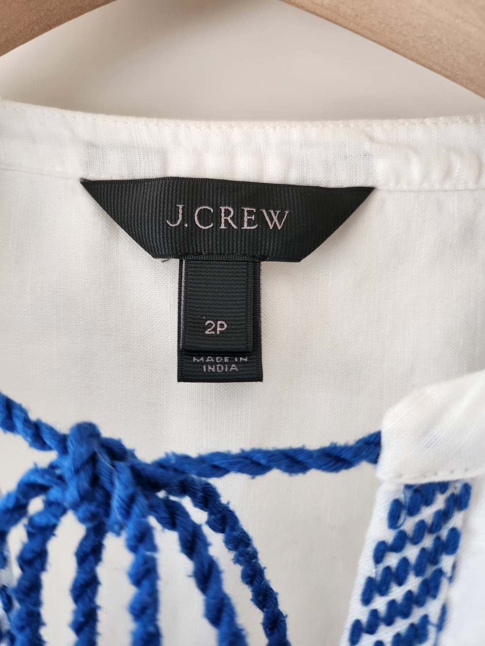 J. Crew White Linen Peasant Blouse with Blue Embroidery - Picture 7 of 7